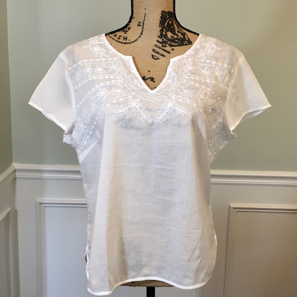 Sundance White Cotton Embroidered Short sleeve